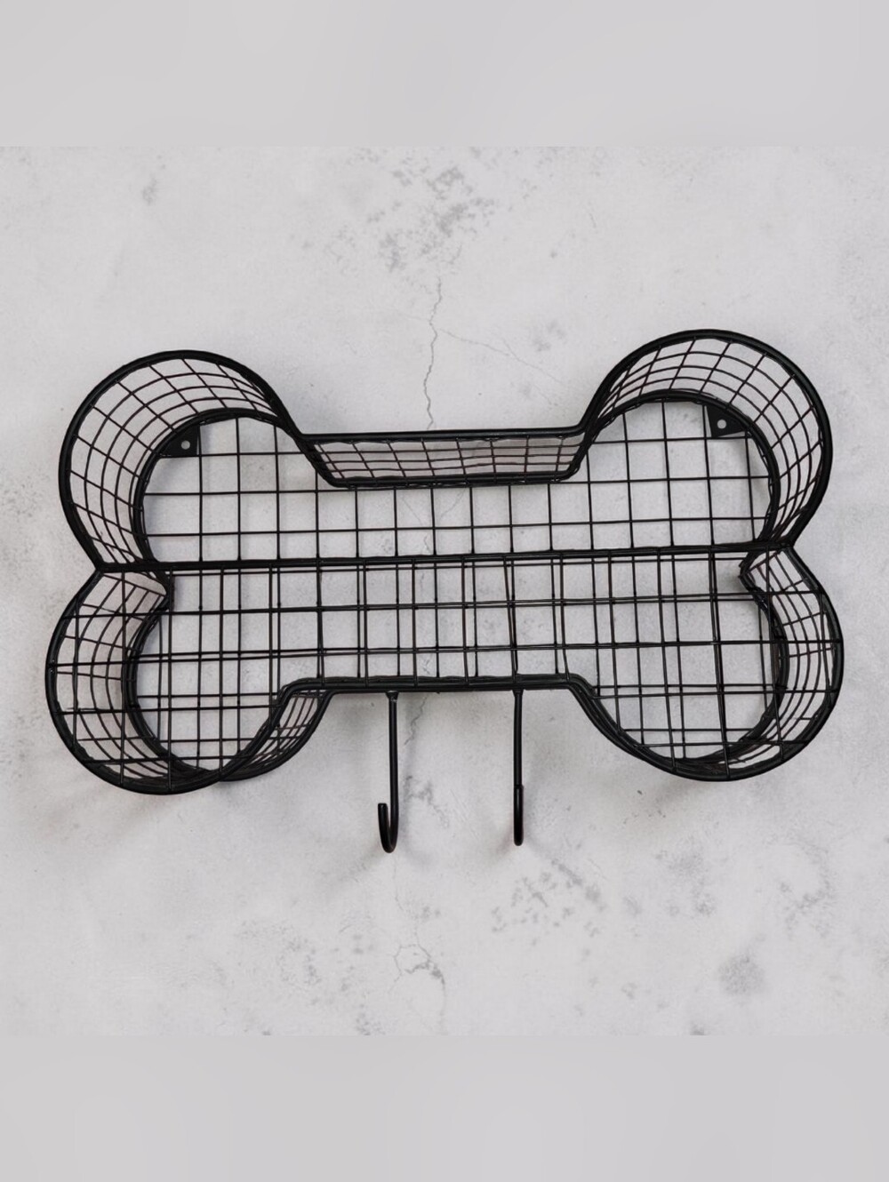 Dog Bone-Shaped Black Wire Wall Shelf With Hooks For Pet Leash & Accessories